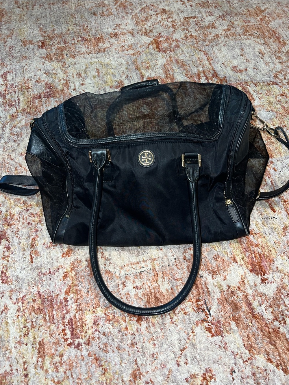 Tory Burch Black Nylon and Leather Satchel with Gold Logo